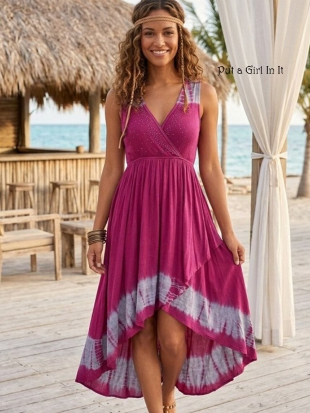 Vocal Apparel Women's Boho Crystal Magenta Pink Tie Dye Salsa Maxi Dress USA S